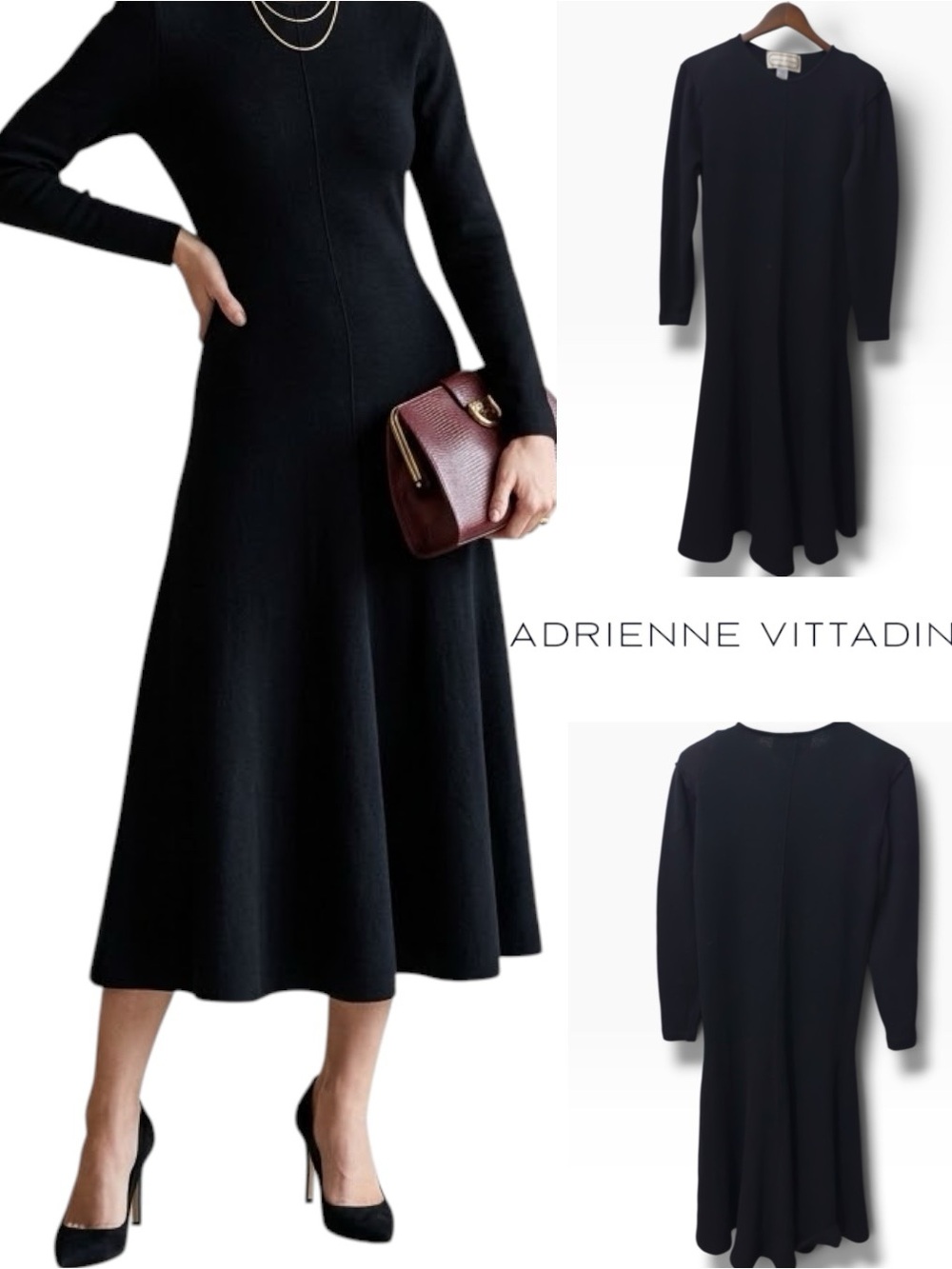 Adrienne Vittadini | NWOT Vintage HongKong Black Lambwool Knit Midi Dress (M)